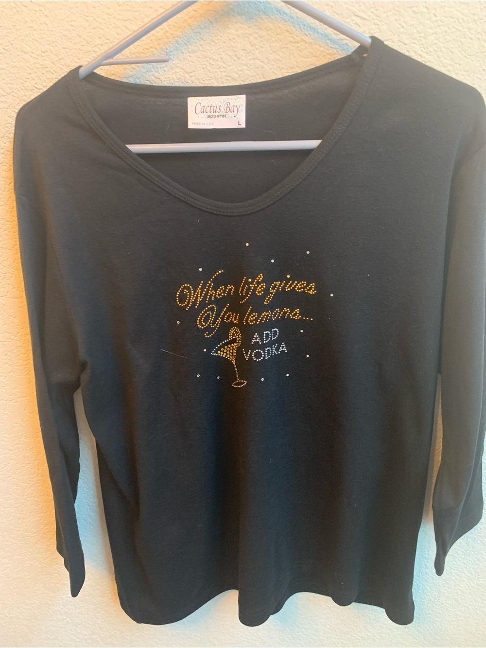 Cactus Black Long Sleeve Top with Gold Rhinestone Graphic